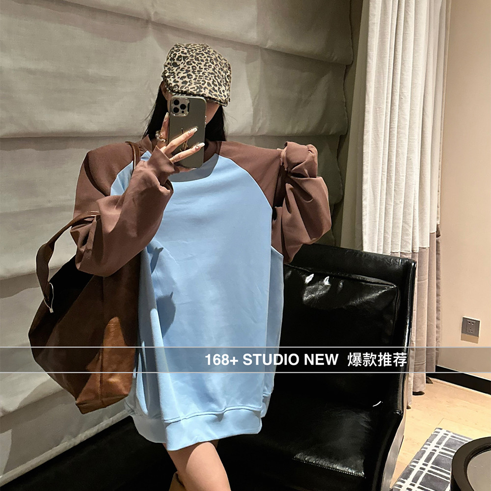 撞色插肩袖圆领套头女2025新款爆款春秋宽松韩版中长款洋气潮