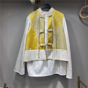 黄色中式马甲女秋装绸缎显瘦坎肩中国风衬衫两件套装