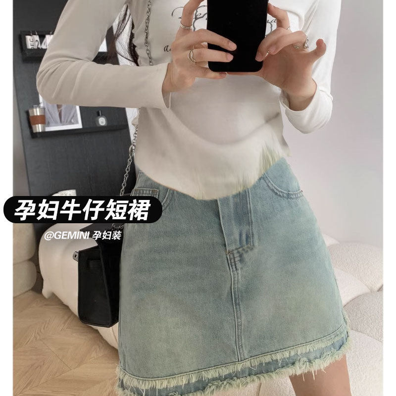 孕妇牛仔美式毛边春夏季薄款显瘦托腹a字包臀热裙