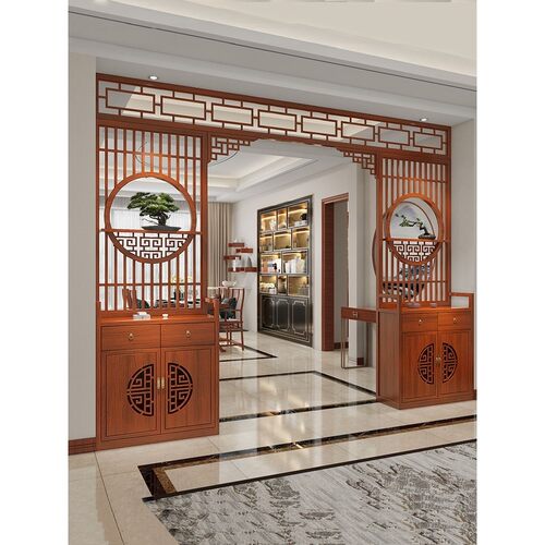新中式实木屏风隔断客厅入户玄关柜遮挡装饰镂空月亮门博古架层架