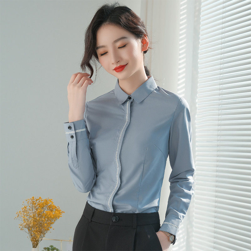 灰色职业衬衫女长袖工作服酒店企业前台工装高级感气质白衬衣女士