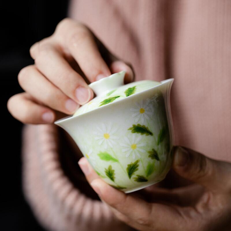 手绘野菊花葵口复古盖碗陶瓷茶碗茶杯单个功夫泡茶碗不烫手茶具