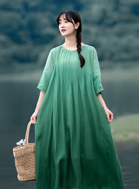 苎麻植物吊染绿色风琴褶宽松加长 夏季设计感度假大码