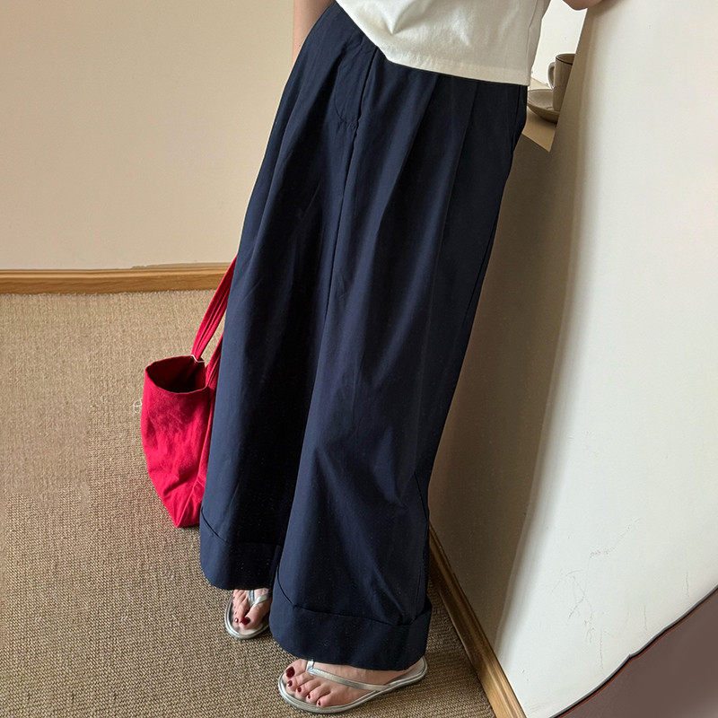 此外 松紧腰宽松阔腿长裤女夏季新款蓝色韩版直筒老爹裤显瘦