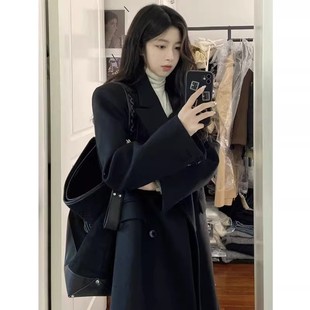 黑色双面大衣女2023年冬季新款韩版正肩小个子赫本风毛呢