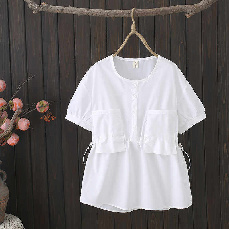 宽松2024夏季新款拼接遮肉衬衣女圆领白色衬衫大码收腰抽绳,女装/女士精品,衬衫,淘宝优惠券,粉丝福利购,淘宝优惠卷