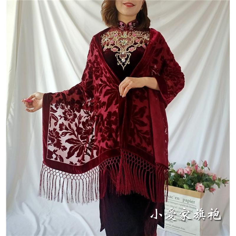 夏季红色高档真丝披肩复古批肩搭配丝绒旗袍礼服婚宴妈妈外披外搭
