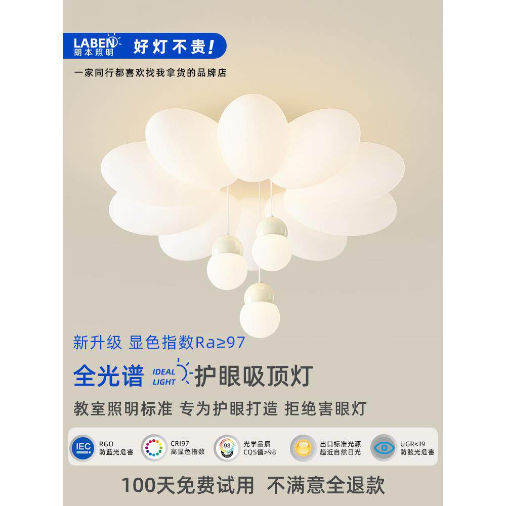 挂球卧室灯吸顶灯北欧奶油风格花房间灯2024新的全光谱儿童房间灯