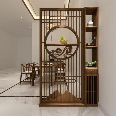 新中式实木祥云格栅屏风隔断客厅入户玄关柜山形雕花正对门置物架