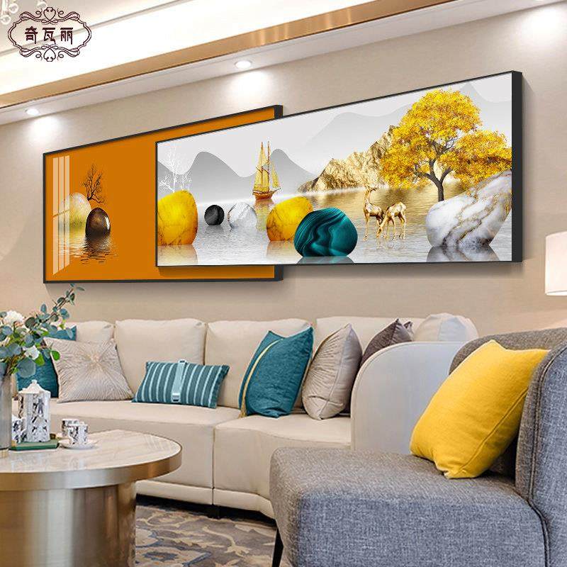 晶瓷客厅装饰画沙发背景墙挂画叠加轻奢高档大气壁画超大尺寸橙色