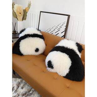 网红花花熊猫抱枕果赖背影真羊毛沙发客厅靠垫女生拍照长毛皮草