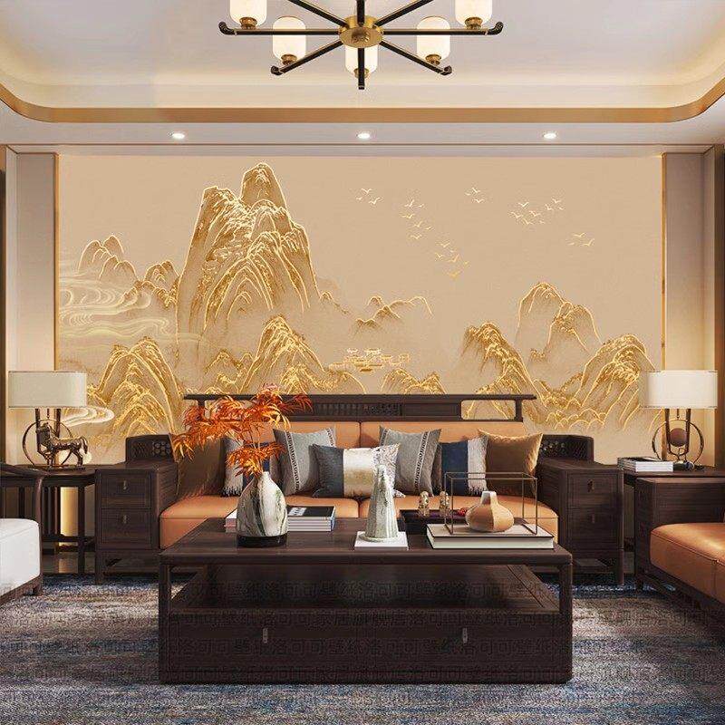 新款千里江山图壁纸新中式山水壁布轻奢鎏金墙布客厅电视背景墙纸