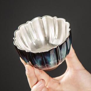 陶瓷镶银茶杯家用银杯子窑变天目建盏兔毫盏主人杯单杯茶盏斗茶杯