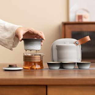便携式 陶瓷旅行茶具套装 快客杯一壶三杯功夫轻奢玻璃户外泡茶壶