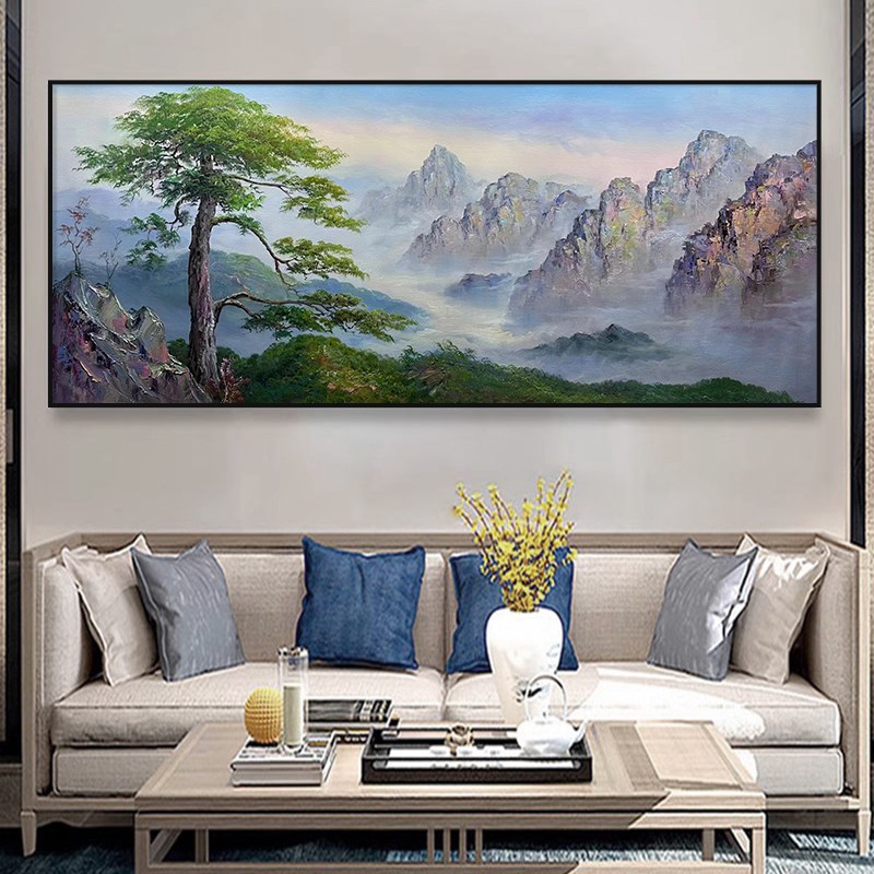 迎客松纯手绘油画新客厅沙发背景墙饰画山峰风景肌理画挂画