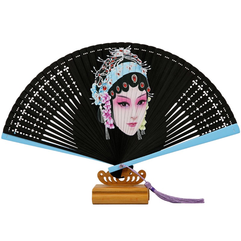 中全竹扇子古典京剧脸谱黑色复古风男女士镂空折扇舞蹈扇
