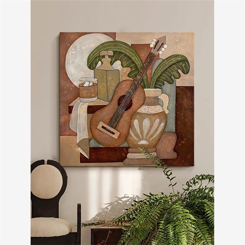 毕加索纯手绘油画复古侘寂风客厅饰画抽象吉他玄床丙烯挂画