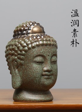 中式仿青铜创意佛首头客厅博古架多宝阁装饰品陶瓷桌面工艺品