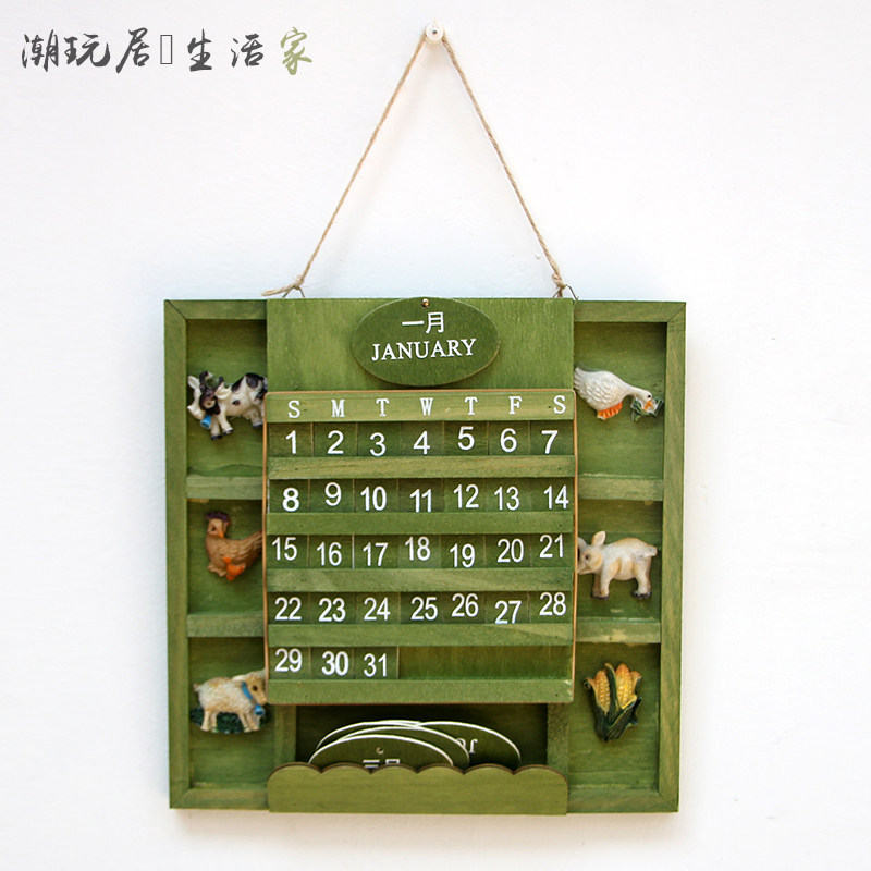 杂货绿色小日历木质手动万年挂历台历壁挂饰品创意