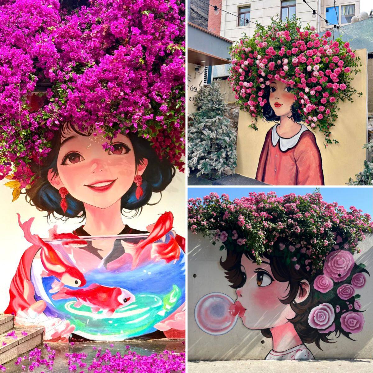 立体网红打卡花墙蔷薇月季仿真花小女孩拍照墙绘装饰头像假花造景