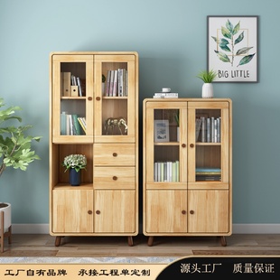儿童实木书柜书架置物收纳柜带门玻璃柜子简易书橱家用实木储物柜