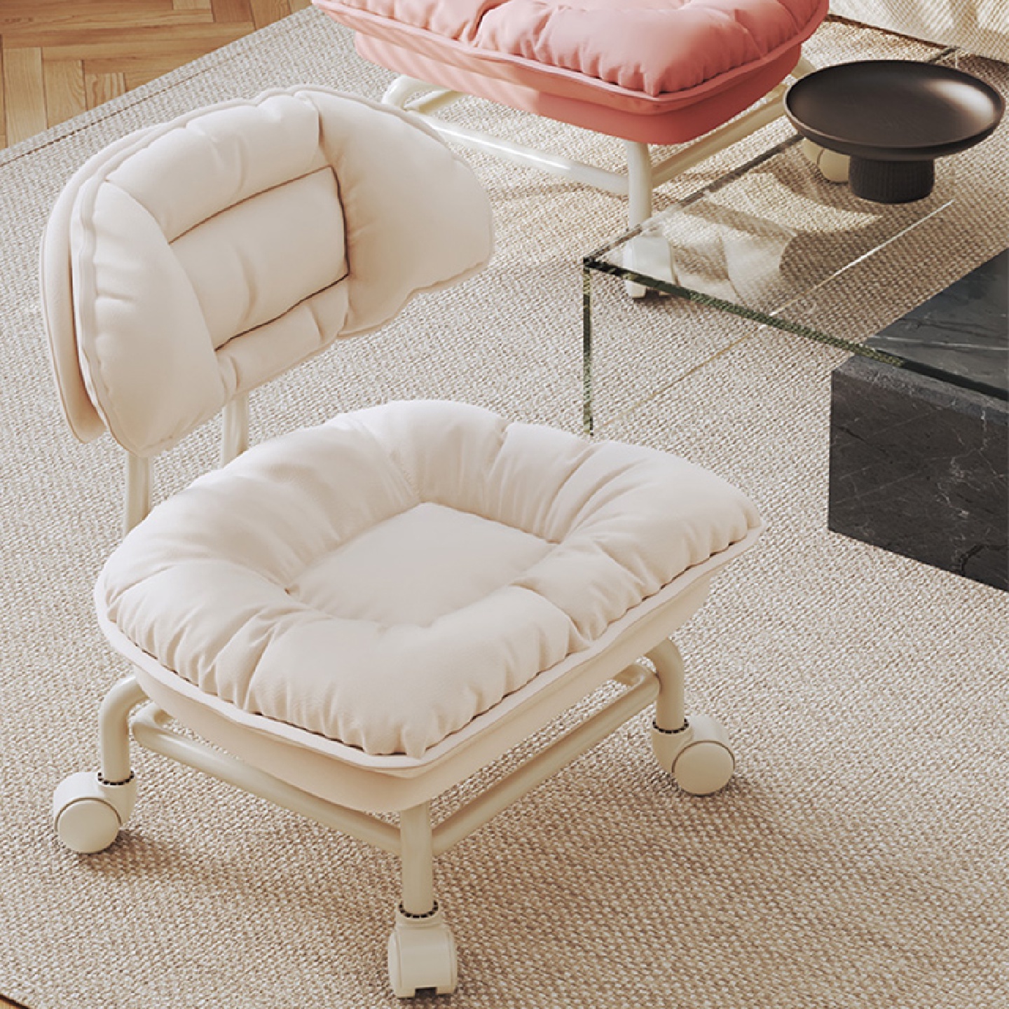 靠背方凳家用小沙发客厅茶几凳美缝换鞋矮凳万向轮小凳子带娃基通