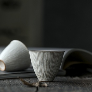 晴先生晶花白雕刻纹理杯镐纹杯手作茶杯陶器茶道具日用陶器