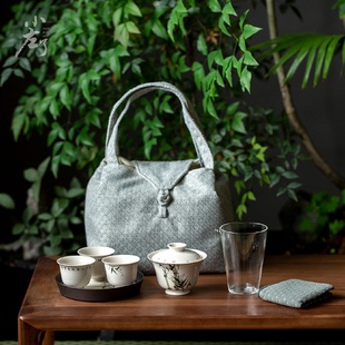 手绘竹子旅行茶具户外泡茶便携布包草木灰收纳包陶瓷盖碗小套组