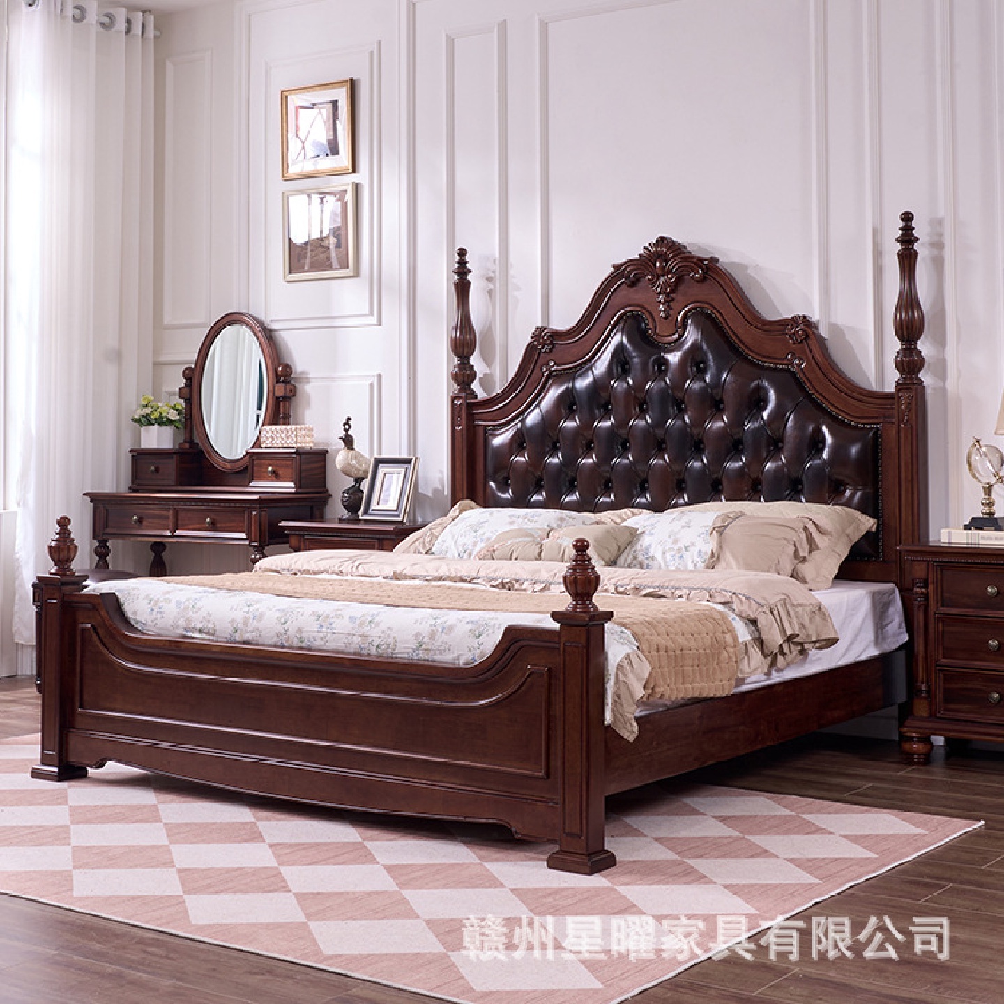 美式实木床复古乡村家用高端1.8m主卧大床卧室头层牛皮软包双人床