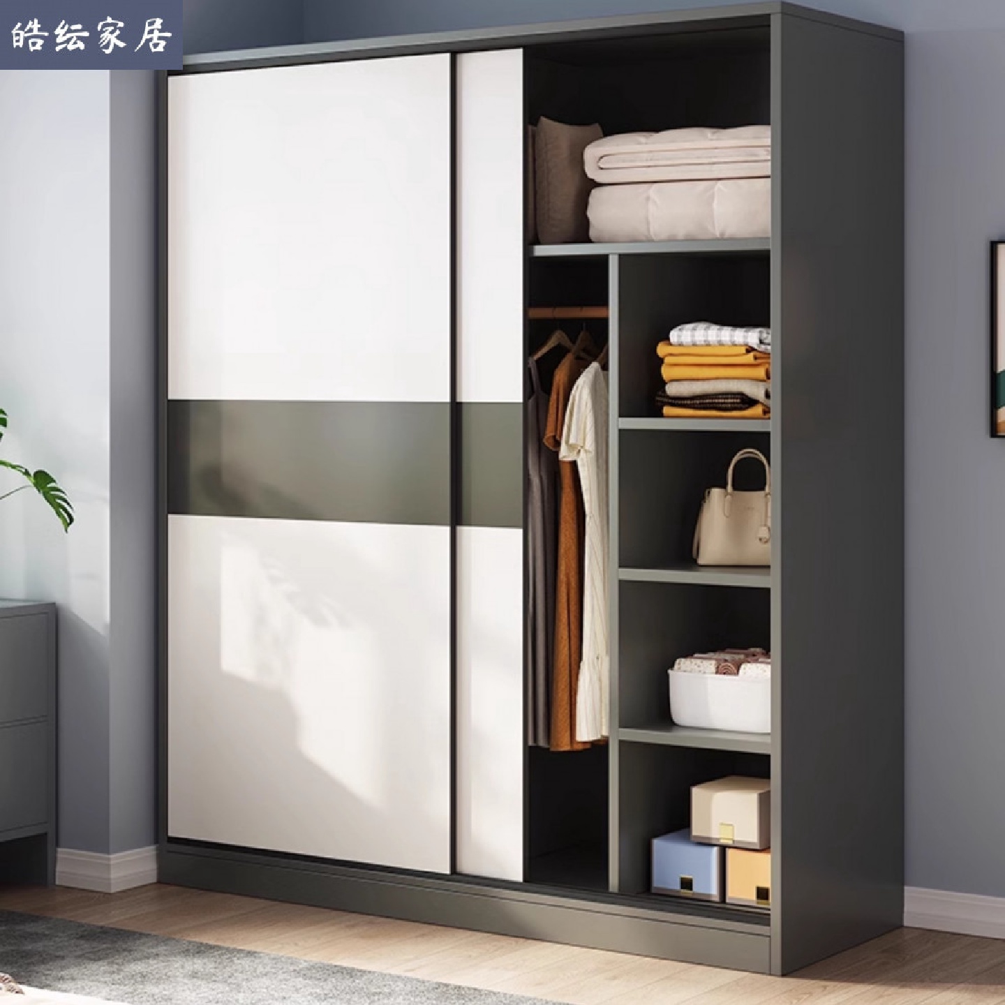 推拉门衣柜家用卧室出租房经济型简易柜子结实耐用实木质儿童衣橱