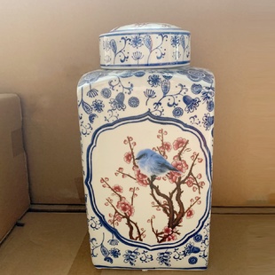 饰摆设储物罐 青花瓷红梅花花瓶摆件家居客厅插花电视柜装