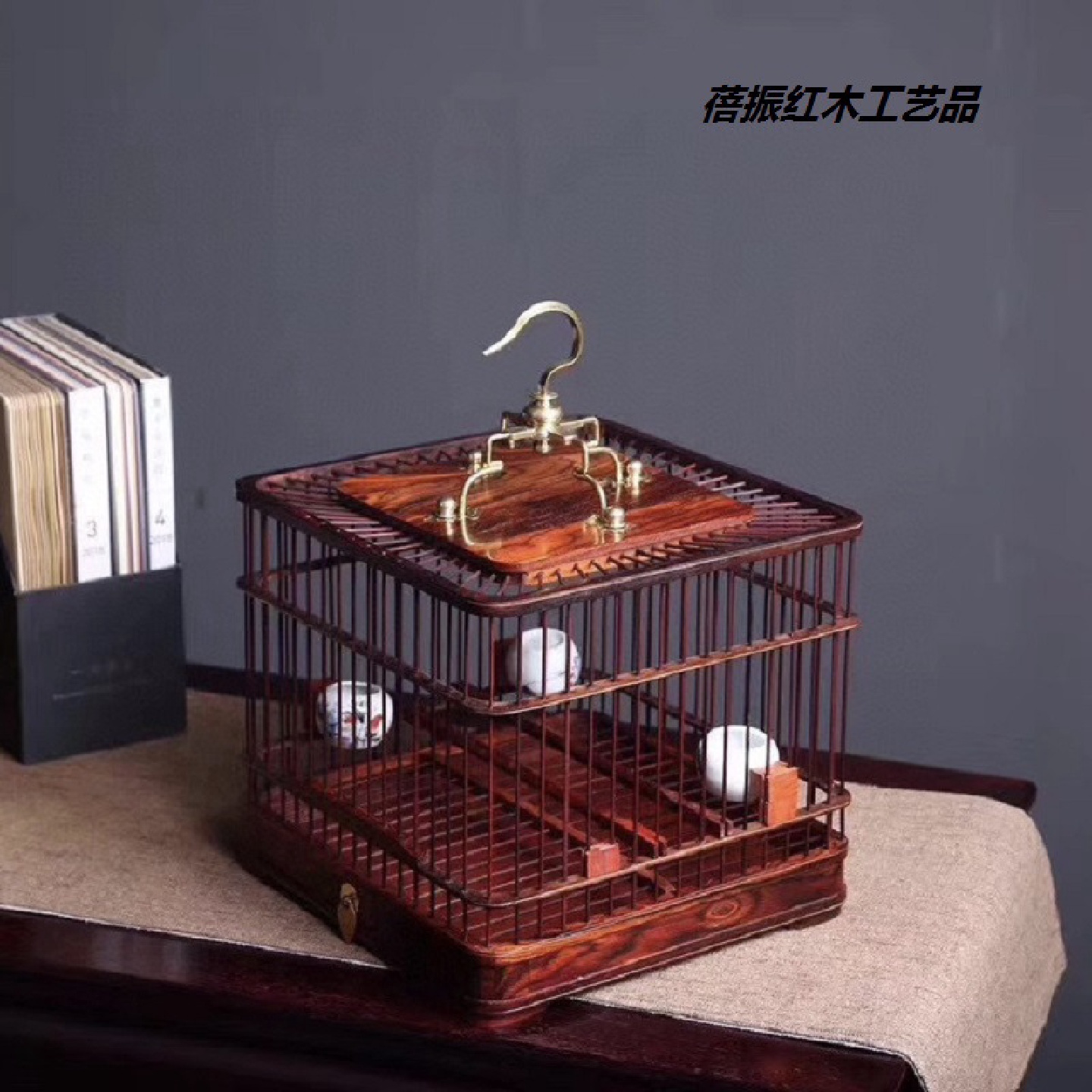 厂家批发红酸枝紫光檀正方鸟笼子装饰摆件新中式木制家居红木鸟笼
