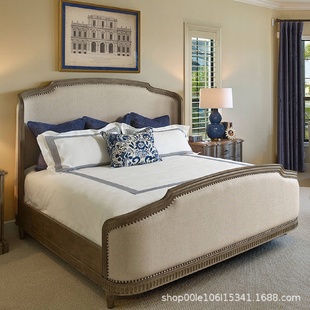 实木美式 设计师家具卧室酒店民宿复古高背高尾软包布艺双人床 法式