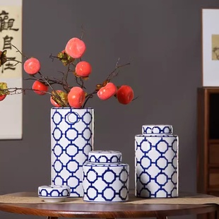 飾玄關(guān)新中式 青花瓷儲(chǔ)物罐客廳茶幾青花陶瓷插花瓶擺件裝 家居