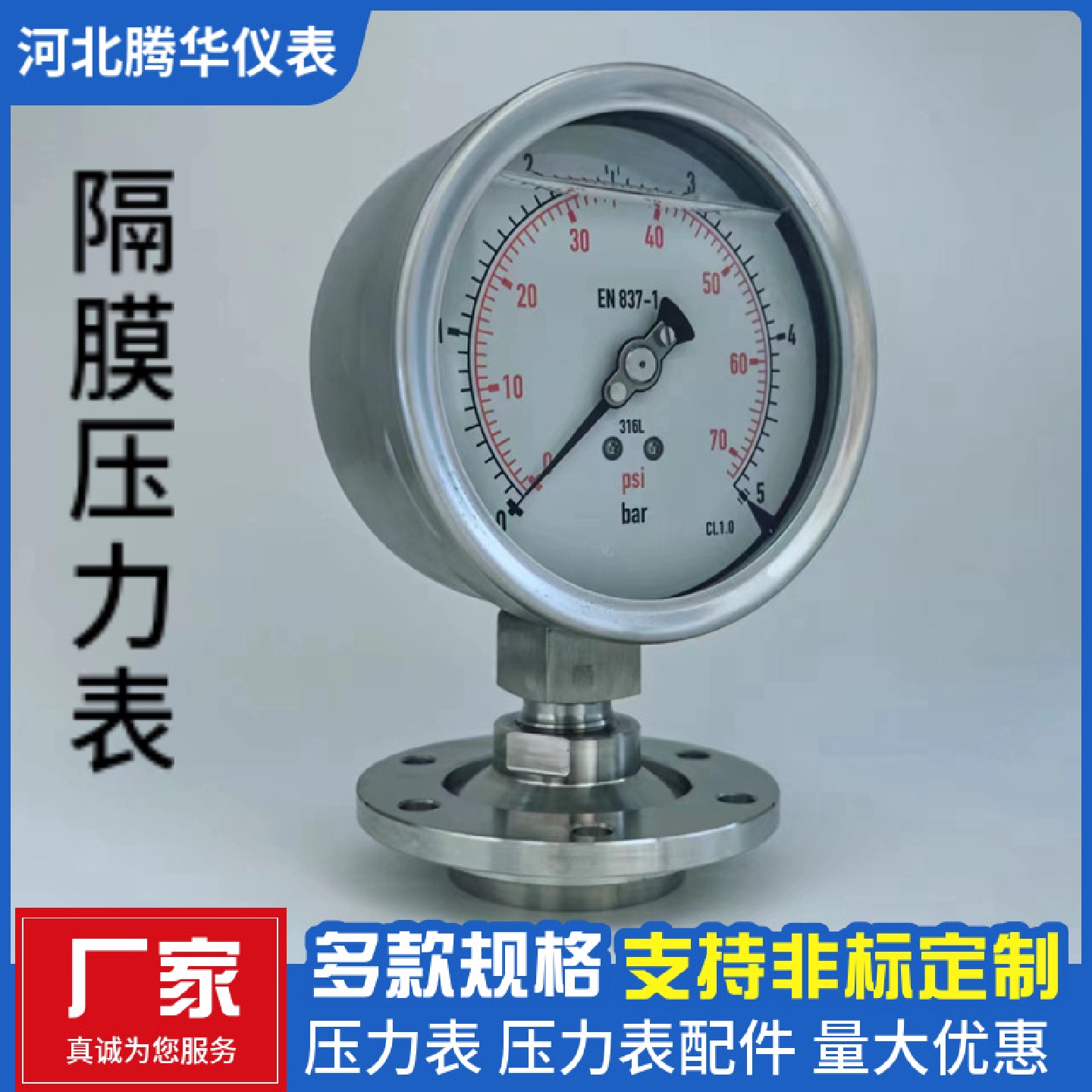 不锈钢隔膜压力表法兰接体压力仪表径向/轴向压力表多款规格