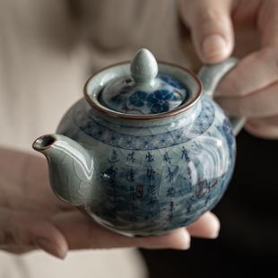 复古开片冰裂釉茶具 老陶泥青花诗文功夫泡茶壶单壶家用陶瓷中式