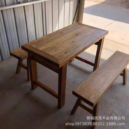 中式老榆木茶桌旧门板实木方桌长条凳商用餐桌家用吃饭桌中式餐桌
