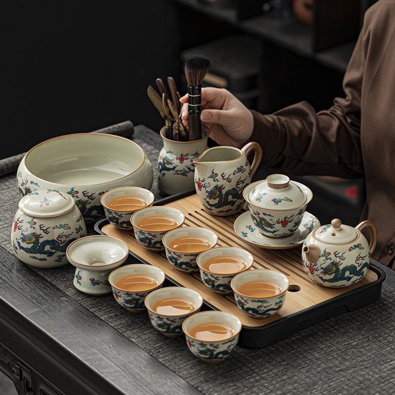 米黄汝窑双龙戏珠功夫茶具套装家用陶瓷带盖碗茶杯茶盘喝茶新