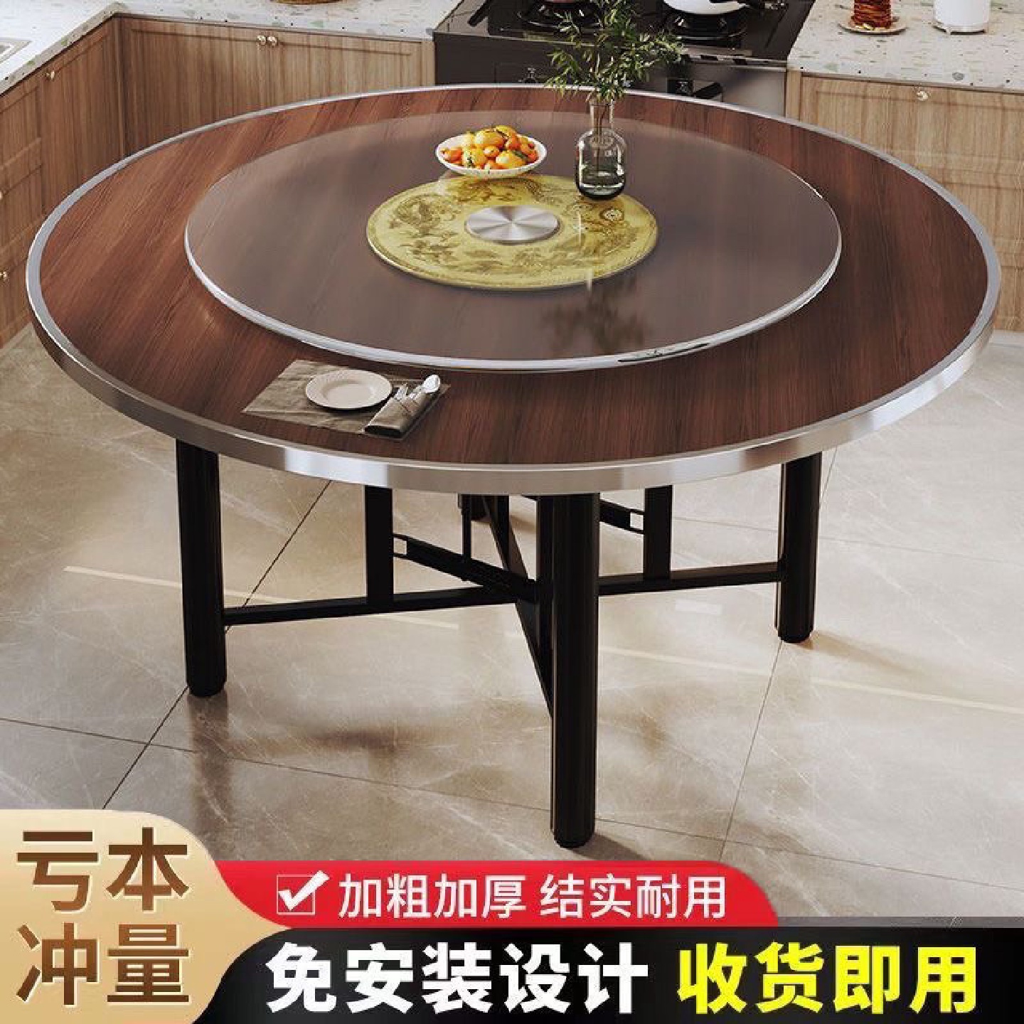 加厚大圆桌12人实木大圆桌玻璃转盘餐桌食堂饭桌乡村宴席饭桌酒店