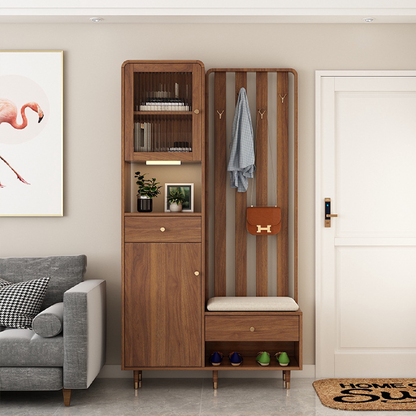 鞋柜家用门口带换鞋凳一体入户玄关柜客厅屏风带挂衣架沙发隔断