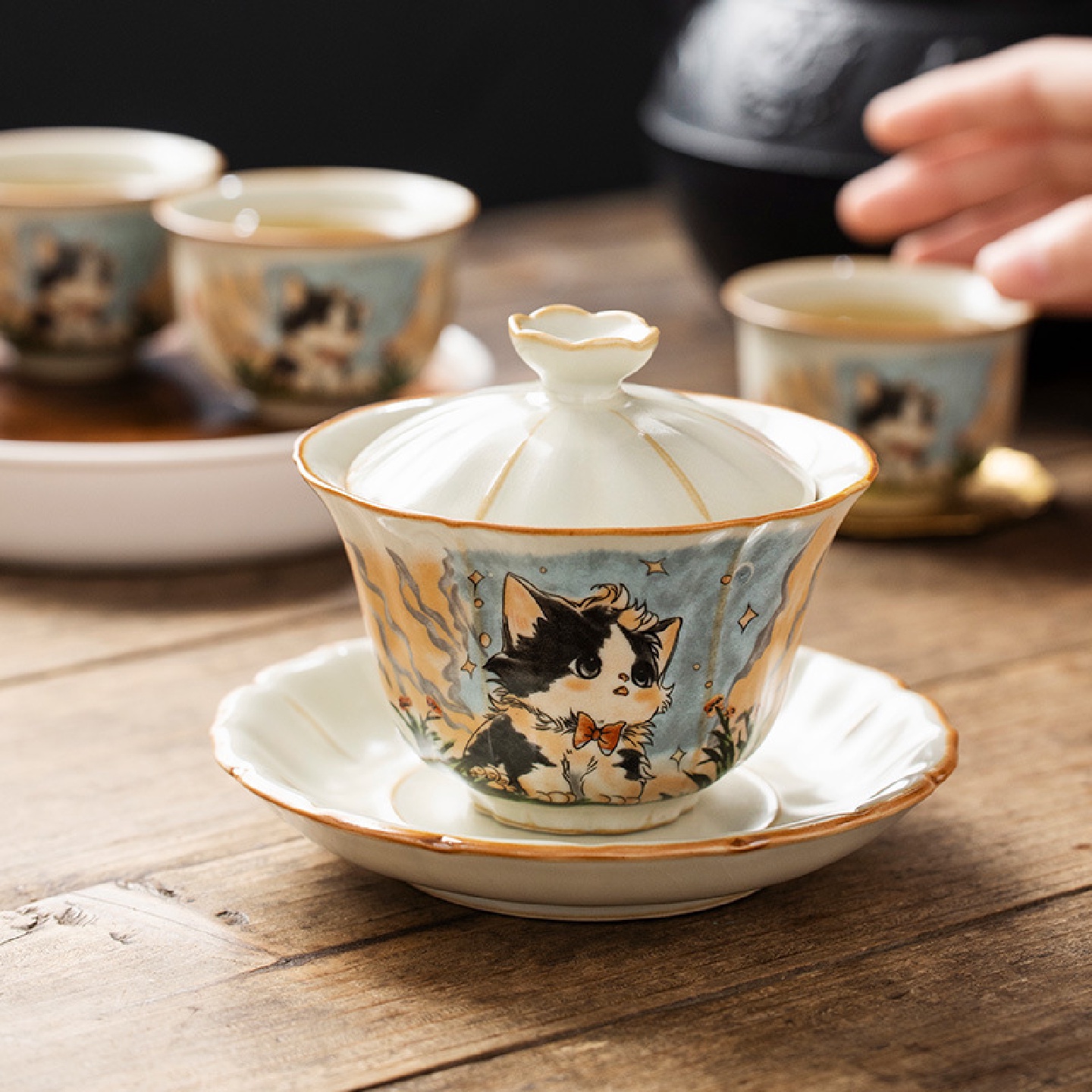 汝窑可爱猫三才盖碗茶杯单个带盖家用丁制功夫泡茶碗茶具套装