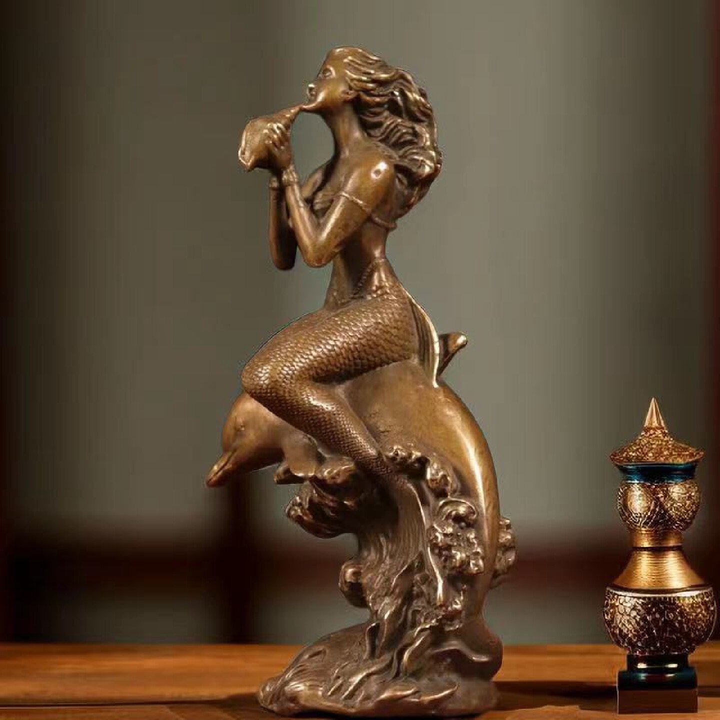 红铜摆件创意吹螺骑海豚美人鱼摆件海螺姑娘居家客厅书房摆件