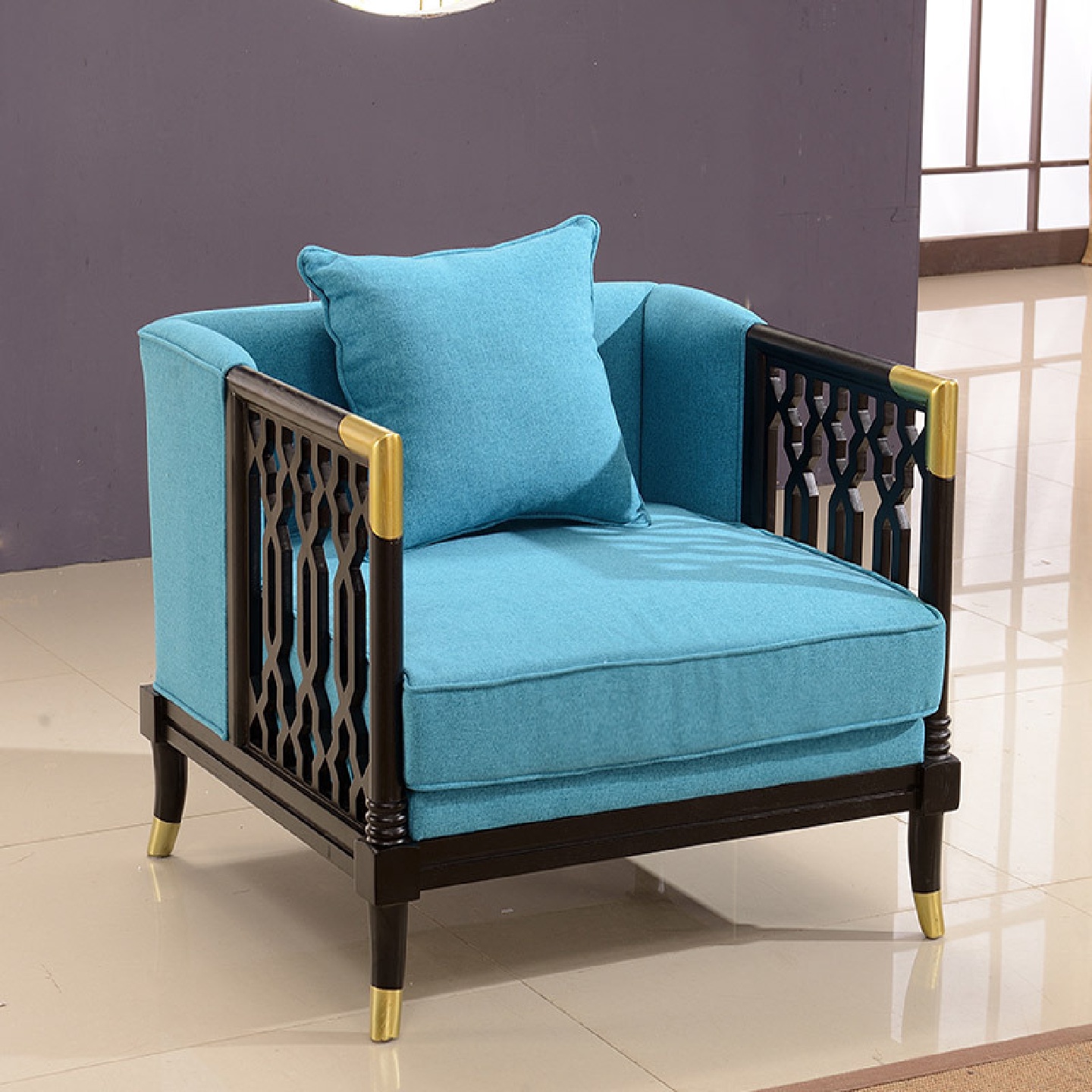 新中式实木休闲椅后现代简约酒店卧室售楼处洽谈桌椅组合单人沙发