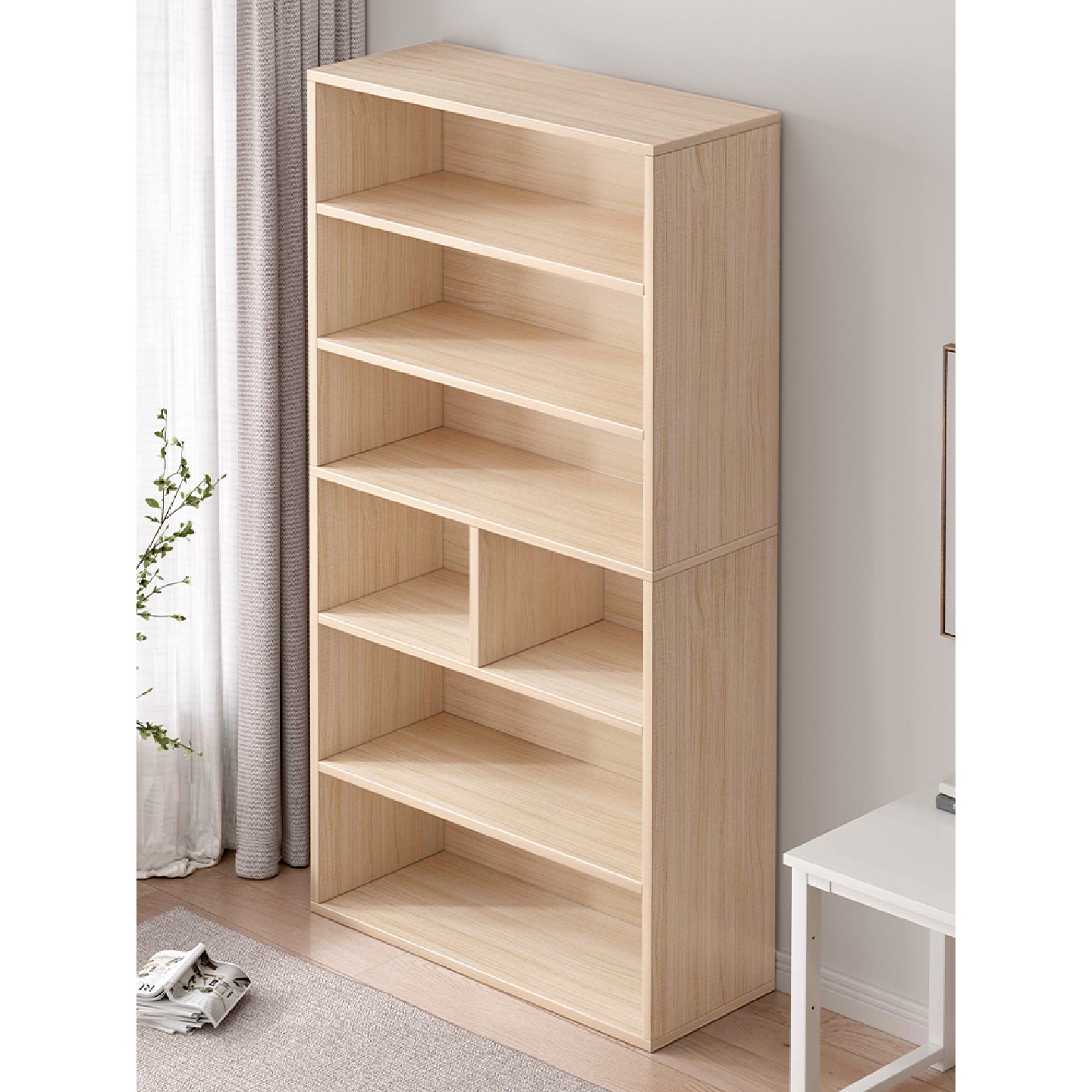 9C书架置物架落地家用一体靠墙收纳柜子储物柜实木色学生多层矮书