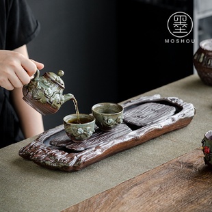 禅意家用壶承 仿古柴烧陶瓷茶盘窑变蓄水干泡盘复古简易小茶台中式