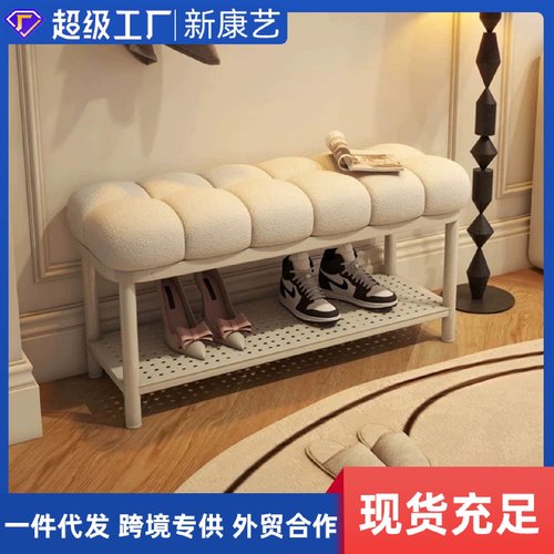 新款入户门口换鞋凳可坐式鞋柜创意衣帽间长条换鞋凳羊羔毛穿鞋凳