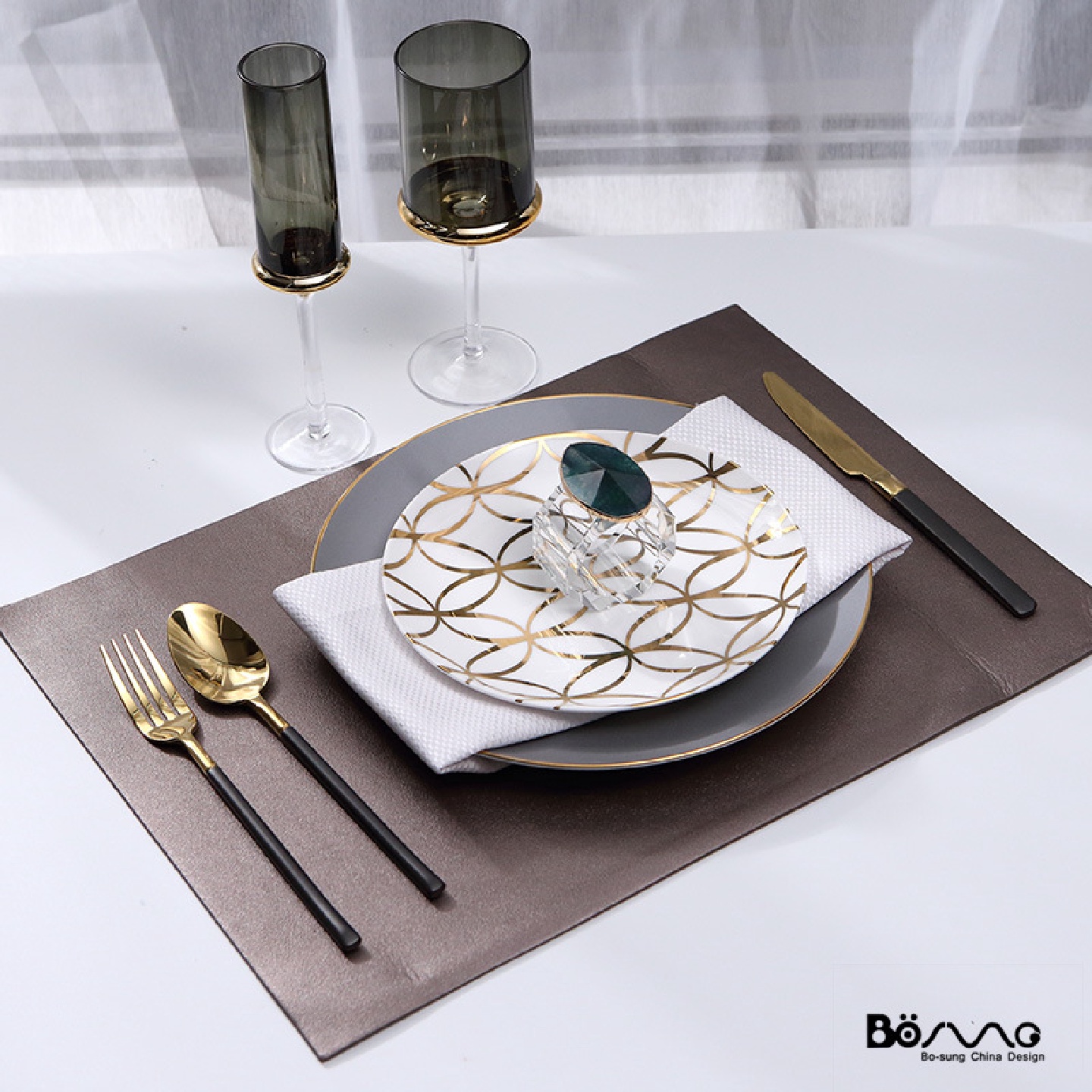 欧样板房餐具套装摆台骨瓷西餐盘餐厅牛排盘餐垫红酒杯陶瓷餐具w