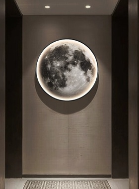 灰色月球圆形玄关装饰画led发光灯画轻奢风床头挂画走廊尽头壁画