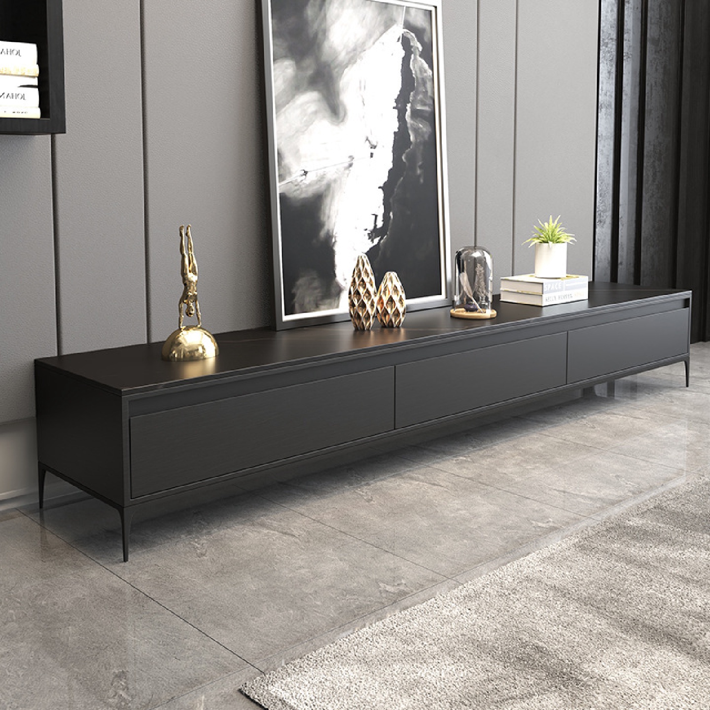 简约轻奢黑色岩板电视柜茶几组合极简意式现代小户型家用客厅地柜