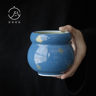 宜室茶话海蓝烫金繁花建水茶道配件废水缸蓄水陶瓷干泡茶洗水盂